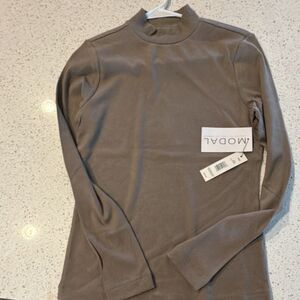 MODAL Taupe Ribbed Knit Mock Neck Pullover Top Long Sleeve Size M